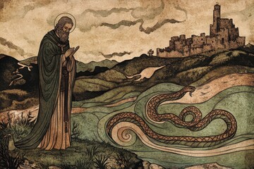 Naklejka premium Medieval Illustration of Saint Patrick Driving Snakes Out of Ireland, Ancient Landscape Scene