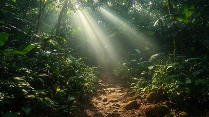 Fototapeta premium Sunbeams illuminate jungle path; lush foliage, misty background; nature travel backdrop