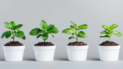 Obraz premium Four mint plant growth stages in white pots