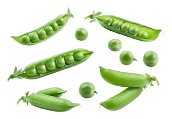 Fresh green peas in pods and loose, isolated on transparent background