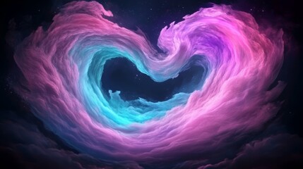 A cosmic heart of swirling purple and teal clouds floats in the dark night sky.  A vibrant and dreamy image.