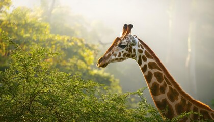 Striking Wild Giraffe Amidst Misty Forest Backdrop at Dusk, Brown Spots Pop Against Lush Foliage and Muted Tones, Majestic Beauty of African Savannah Captured in Generative Artwork
