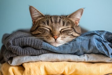 Cat peacefully sleeping on a stack of colorful folded clothes at home during daytime