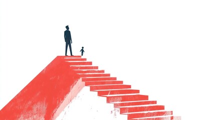 Adult and child at top of red stairway; white backdrop. Guidance, mentorship, growth, future concept