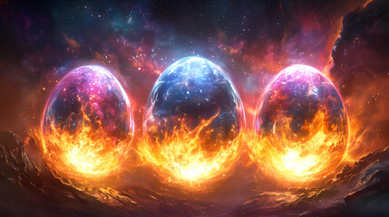 Three radiant eggs beautifully surrounded by vibrant cosmic flames magnificently represent powerful elemental forces. Elemental Forces. Illustration