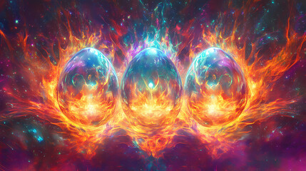 Obraz premium Three radiant eggs beautifully surrounded by vibrant cosmic flames magnificently represent powerful elemental forces. Elemental Forces. Illustration
