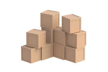 Heap of wooden shipping boxes isolated on white background. Transportation crate. 3d render