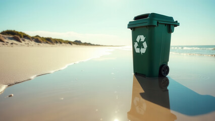 A green recycling bin is positioned on a tranquil beach with soft waves at the shoreline. The sun shines brightly casting long shadows on the sand.