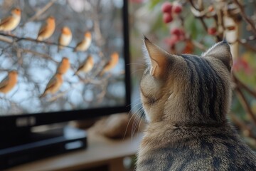 Cat watching birds on a television screen while sitting indoors by a window in a cozy environment