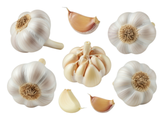 Close-up image of whole garlic bulbs and cloves arranged on transparent background