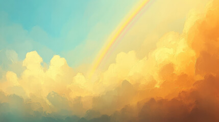 Fototapeta premium A beautiful artistic scene depicting a luminous rainbow stretching across a sky filled with soft, golden-hued clouds