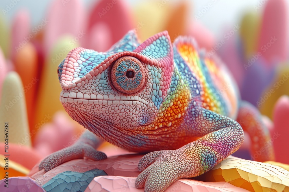 Poster colorful chameleon resting on vibrant rocks in a surreal landscape full of abstract shapes