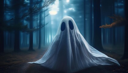Mysterious Ghostly Figure Haunts Tranquil Night Scene Amongst Ancient Trees and a Moody Moonlit Forest Backdrop at