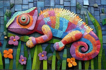 Obraz premium Colorful mosaic chameleon art displayed against a vibrant backdrop of flowers and foliage in an outdoor setting