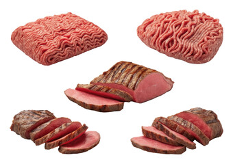Various cuts of raw and cooked beef, including sliced steak ground meat