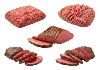 Various cuts of raw and cooked beef, including sliced steak ground meat