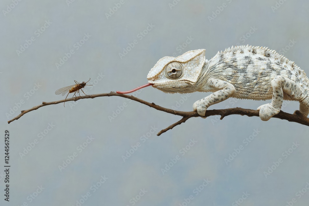 Poster Chameleon extends tongue towards insect on branch in natural environment