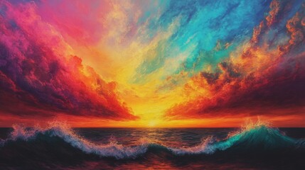 Fototapeta premium Vibrant sunset over the ocean, showcasing a breathtaking display of fiery oranges, reds, and deep blues in the sky.