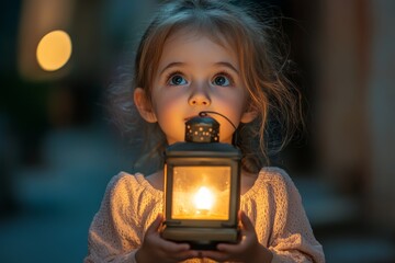 Child holding glowing lantern in a dimly lit street during twilight