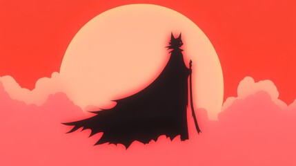 Silhouette of a mysterious figure in a cape, standing against a vibrant sunset. An air of mystery and fantasy.
