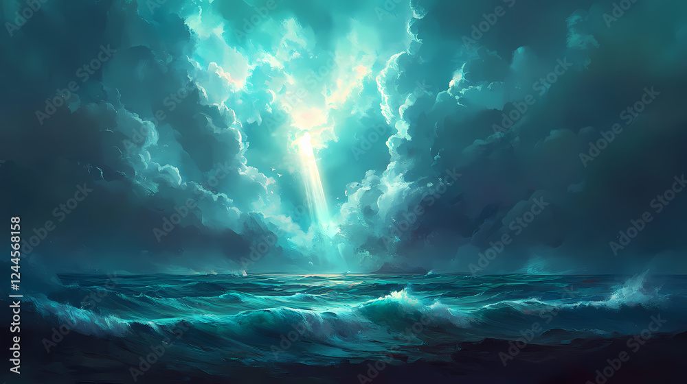 Poster A dramatic ocean scene with turbulent waves under a dark, stormy sky, where a beam of light breaks through the clouds, illuminating the water. Elemental Forces. Illustration