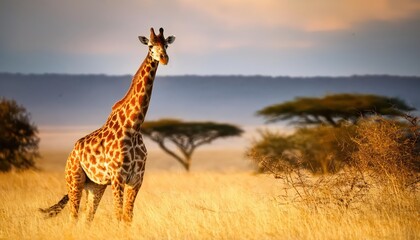 Naklejka premium A Majestic Giraffe Ambling through the Golden Savannah of Serengeti National Park, Tanzania, Beneath a Scorching African Sky