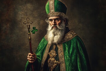 Traditional Portrait of Saint Patrick Wearing a Green Bishop's Robe and Mitre, Holding a Staff with a Shamrock in His Hand