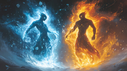 A striking visual of two elemental figures, one of fire and one of ice, symbolizing the balance of opposing forces in nature. Elemental Forces. Illustration