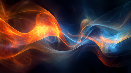 Obraz premium Abstract digital artwork depicting intertwining waves of orange and blue energy against a dark, starry background, suggesting cosmic forces or elemental powers. Elemental Forces. Illustration