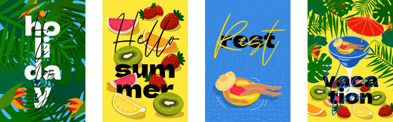 Playful summer themed artwork with bright colors, tropical elements and poolside scene, capturing the essence of fun in sun. Great for creative posters, invitations and seasonal branding.