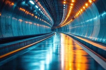 A futuristic tunnel with glowing lights and reflective surfaces.