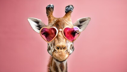 Humorous Giraffe in HeartShaped Pink Sunglasses Against a Dreamy Pastel Background A Captivating...