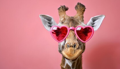 Whimsical Giraffe in HeartShaped Pink Sunglasses Against a Soft Pastel Backdrop, Embracing a...