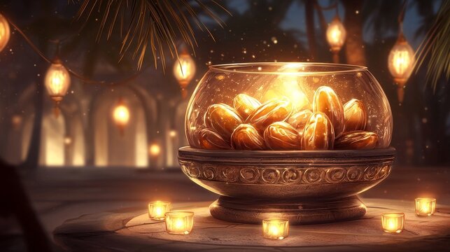 Lush close-up of dates in a rustic bowl, digital art style, each date detailed with realistic textures and shine, warm inviting tones