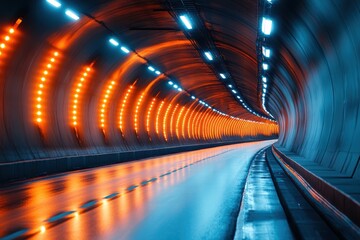 Obraz premium A vibrant tunnel illuminated with orange and blue lights, creating a dynamic atmosphere.