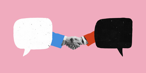 Contemporary artwork. Handshake between two people inside speech bubbles representing online...