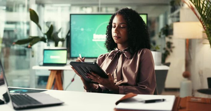 Business woman, web designer or writing with tablet for UI, UX or AI development at office desk. Female person, developer or employee with technology for user interaction or company data at workplace