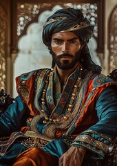 Obraz premium Sultan, fairy tale, Middle Eastern man in luxurious traditional clothing with a decorated turban, gold jewelry, and an intense gaze, sitting in an ornate palace setting