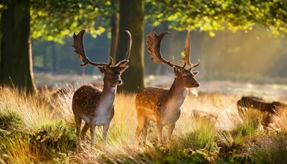 Naklejka premium Enchanting Twilight Encounter Majestic Spotted Fallow Deer Stags Basking in the Glow of Golden Light amidst an Atmospheric Forest Backdrop