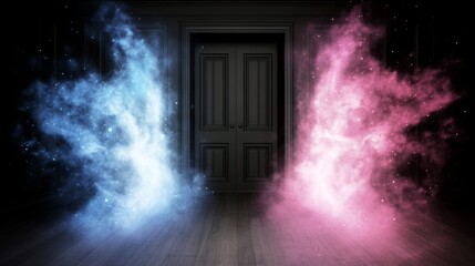 Mysterious double doors in a dark room, with ethereal blue and pink smoke creating a magical atmosphere.
