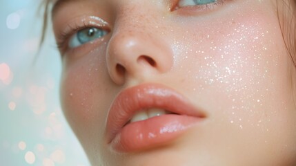 Shimmering Beauty:  A close-up portrait of a woman's face, capturing her captivating blue eyes and glowing skin adorned with shimmering glitter. Her expression is delicate.
