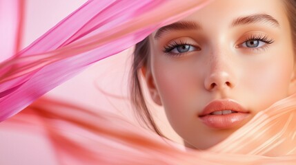 Fototapeta premium Pink Silk Dream: A young woman's face is partially veiled by flowing pink silk, creating a dreamy, ethereal atmosphere. Her delicate features and clear skin are highlighted by the soft, pastel hues.