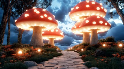 Enchanted forest path illuminated by glowing mushrooms at night. A magical scene with a whimsical mood.