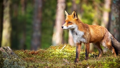 Fototapeta premium Vivid Red Fox Roaming the Blossoming Spring Forest A Striking Display of Natures Beauty and Wildlife in Full Bloom