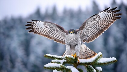 Striking Goshawk Perched on SnowCovered Spruce Tree amidst Winter Tranquility, Capturing the Majesty of Natures Winter Wonderland.