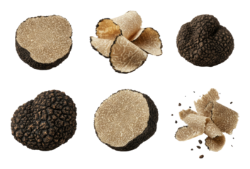 Various truffles, whole and sliced, showcasing intricate textures rich, dark colors against transparent background