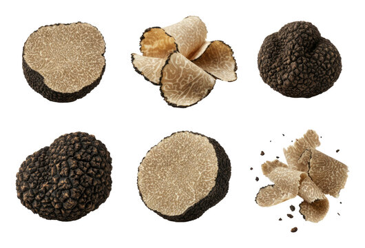Various truffles, whole and sliced, showcasing intricate textures rich, dark colors against transparent background