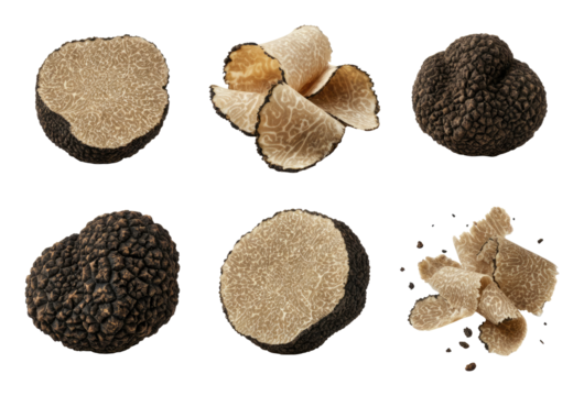 Various truffles, whole and sliced, showcasing intricate textures rich, dark colors against transparent background