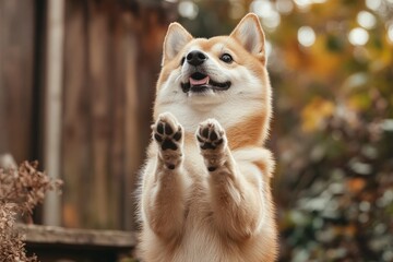 Happy Shiba Inu jumping in a garden filled with autumn foliage during a sunny afternoon