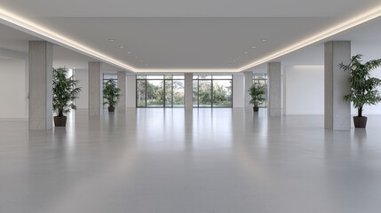 Fototapeta premium Modern empty office space with large windows and plants